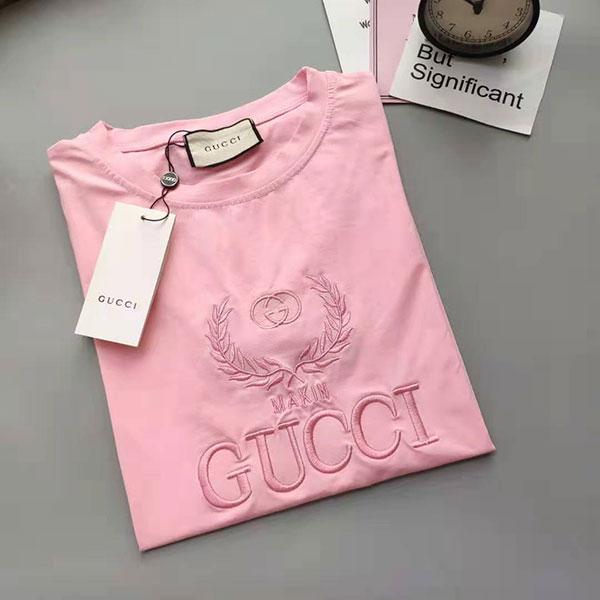 夏tシャツ レディス向け Gucci ピンク Tシャツ 刺繍ロゴ グッチ 半袖tシャツ