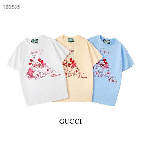 グッチ ディズニーコラボ ｔシャツ ブランド 男女兼用 半袖tシャツ 可愛い ペアルック ミッキー柄 ハンドシャツ