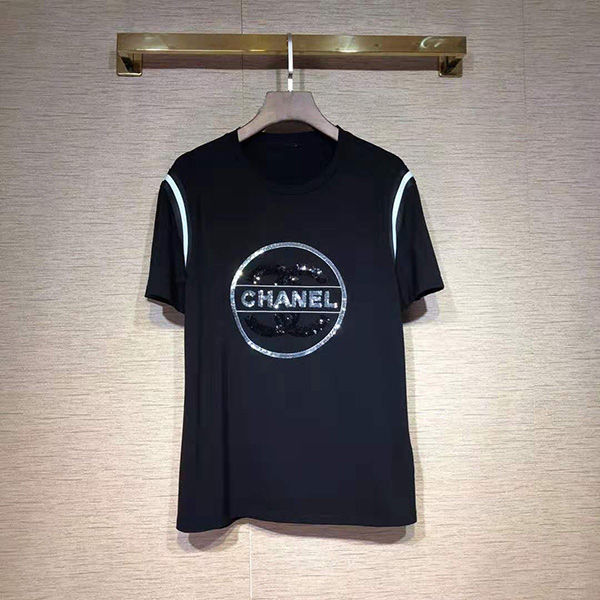 CHANEL半袖 男女兼用 シャネルｔシャツ おしゃれ 半袖 夏 トップス カジュアル ブランドコピーTシャツ コットン 人気 黒 白 きらきら衣装  ゆったり 光沢 通勤 丸首