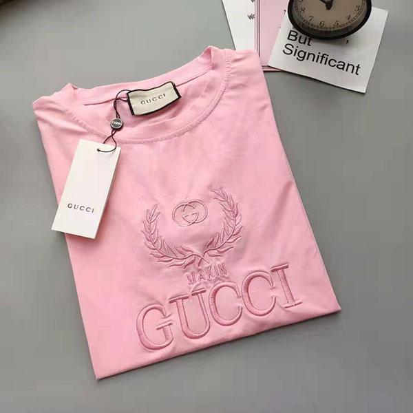 夏tシャツ レディス向け GUCCI ピンク Tシャツ 刺繍ロゴ グッチ 半袖T