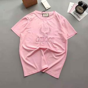 夏tシャツ レディス向け GUCCI ピンク Tシャツ 刺繍ロゴ グッチ 半袖