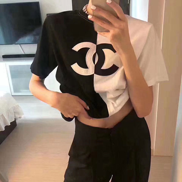 シャネル 女性向け 半袖tシャツ 可愛い ブランド ｔシャツ オシャレ CHANEL ブラック 半分 ホワイト CCログ カットソー 丸襟 パリ風  クロススティッチ 送料無料